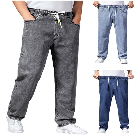 FRSASU Mens Thick Legs Big Pants Wide Legs Jeans Men's Straight Loose Stretch Elastic Waist Drawstring Big Feet Long Pants Light Blue