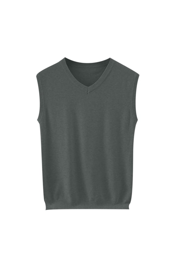 Mens V-Neck Knitted Sweater Vest Solid Plain Sleeveless Pullover Knitwear Loose Fit All Match Sweater Tops Dark Gray