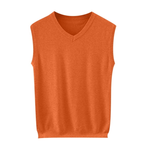 FRSASU Mens V-Neck Knitted Sweater Vest Solid Plain Sleeveless Pullover Knitwear Loose Fit All Match Sweater Tops Orange