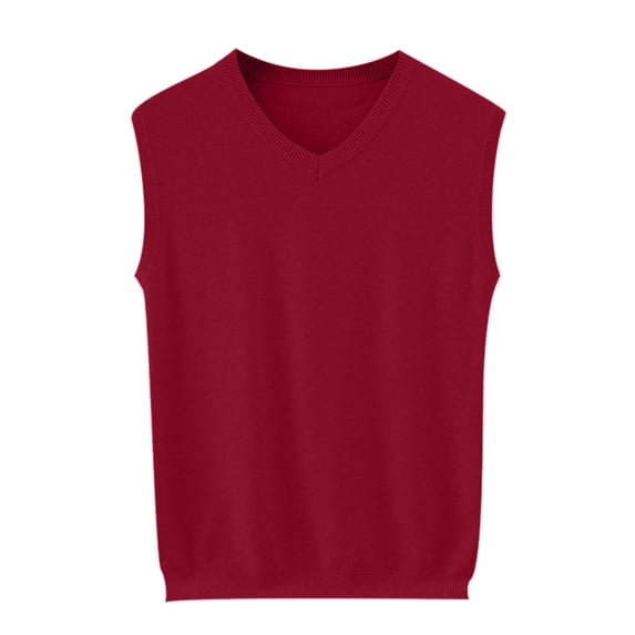 FRSASU Mens V-Neck Knitted Sweater Vest Solid Plain Sleeveless Pullover Knitwear Loose Fit All Match Sweater Tops Red