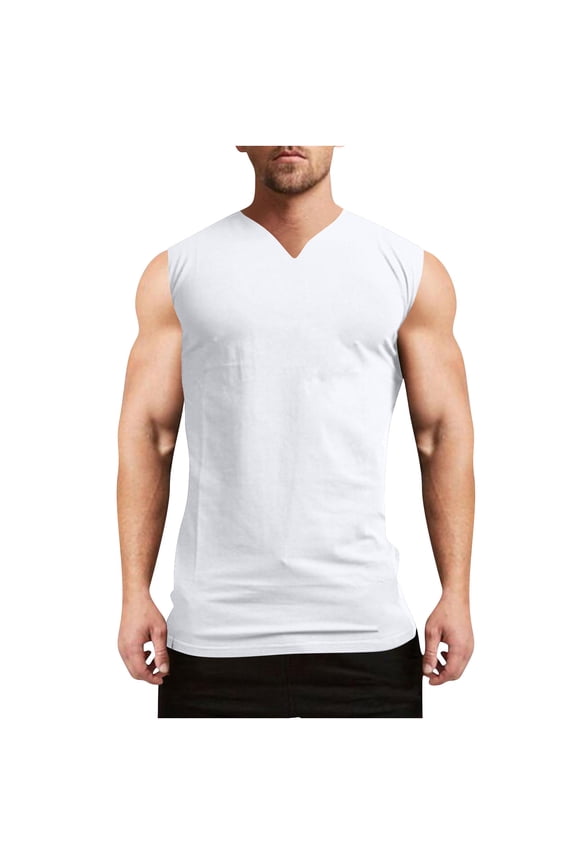 Mens V Neck T-Shirts Elastic Fitness Athletic Running Gym Workout Vest Muscle Fit Stretch Lightweight Top White