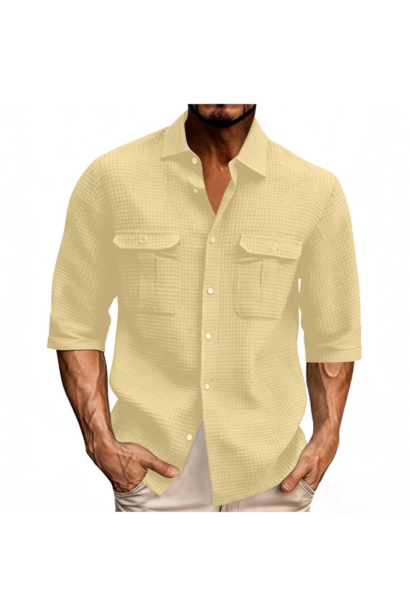 Mens Waffle Button Down Shirt Jacket Long 3/4 Sleeve Loose Fit Cuban Summer Beach Plain Tops with Flap Pockets Beige