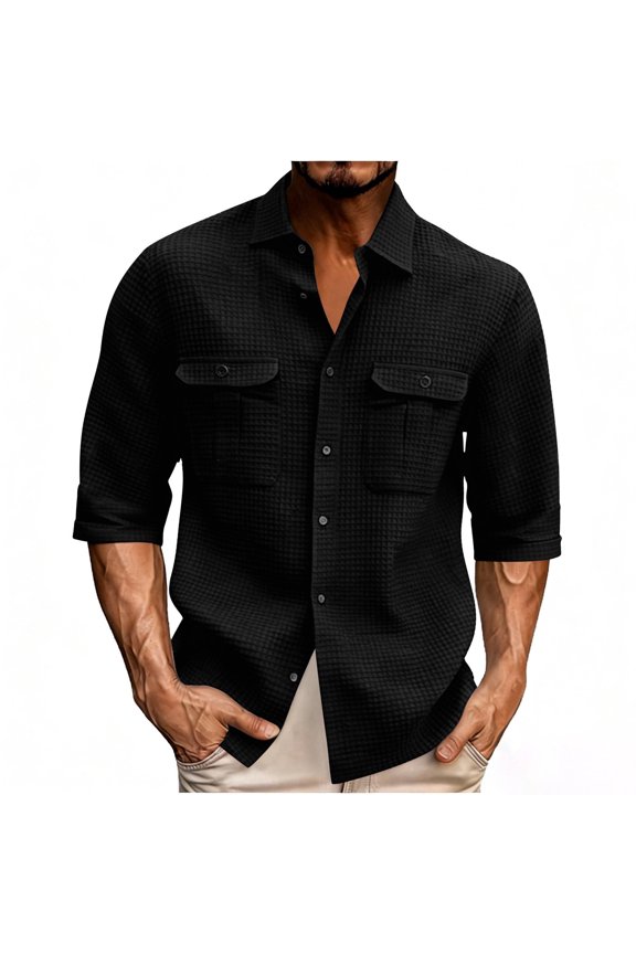 Mens Waffle Button Down Shirt Jacket Long 3/4 Sleeve Loose Fit Cuban Summer Beach Plain Tops with Flap Pockets Black