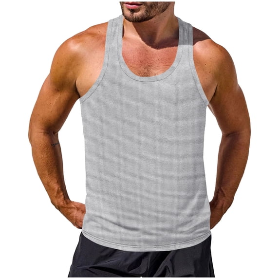 FRSASU Mens Waffle Tank Tops Sleeveless Y Back T-Shirts Athletic Muscle Summer Beach Gray