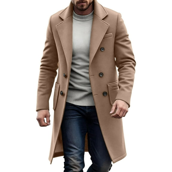 FRSASU Mens Woolen Blend Trench Coat Pea Coat Double Breasted Lapel Regular Fit Winter Business Overcoat Coffee