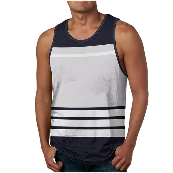 FRSASU Mens Workout Tank Tops Casual Striped Sleeveless Muscle Shirts Cotton Gym Stretch Tee Shirt Navy