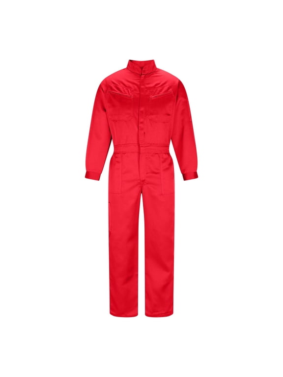 Mens Workwear Coveralls Stand Collar Long Sleeve Front Zip Multiple Pockets Work Coveralls Jumpsuit Work Uniforms Red