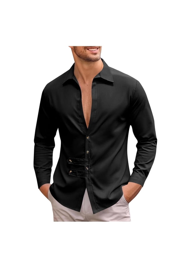 Mens Wrinkle Free Dress Shirts 4-Way Stretch Long Sleeve Collared formal Casual Loose Fit Solid Wedding Dating Business Button Down Shirt Black