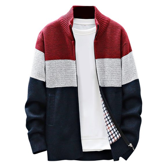 FRSASU Mens Zip Up Knitted Cardigan Thick Sweater Stand Collar Fleece Lined Warm Red 12(XXL)