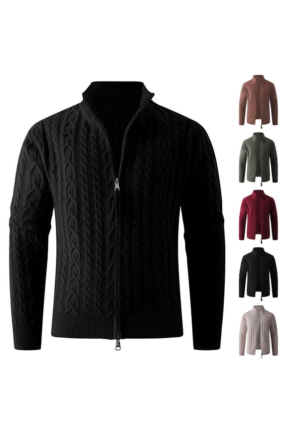 Mens Zip up Cardigan Sweater Slim Fit Casual Stand Collar Textured Knit Ribbed Chunky Sweaters Beige