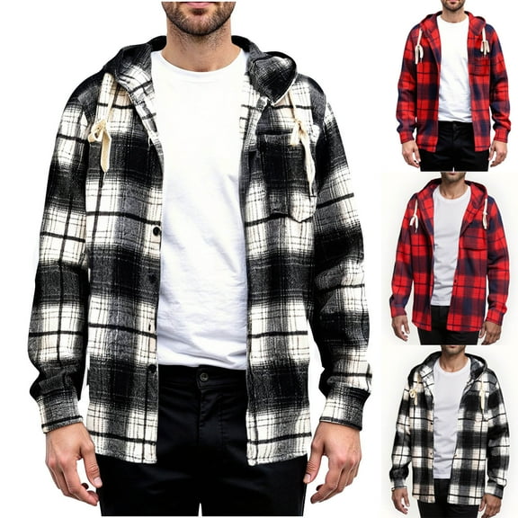FRSASU Mens fashionable and comfortable Hooded Shirt Long Sleeve Fashion Plaid Hoodie Button Down Shirts with Pocket Red