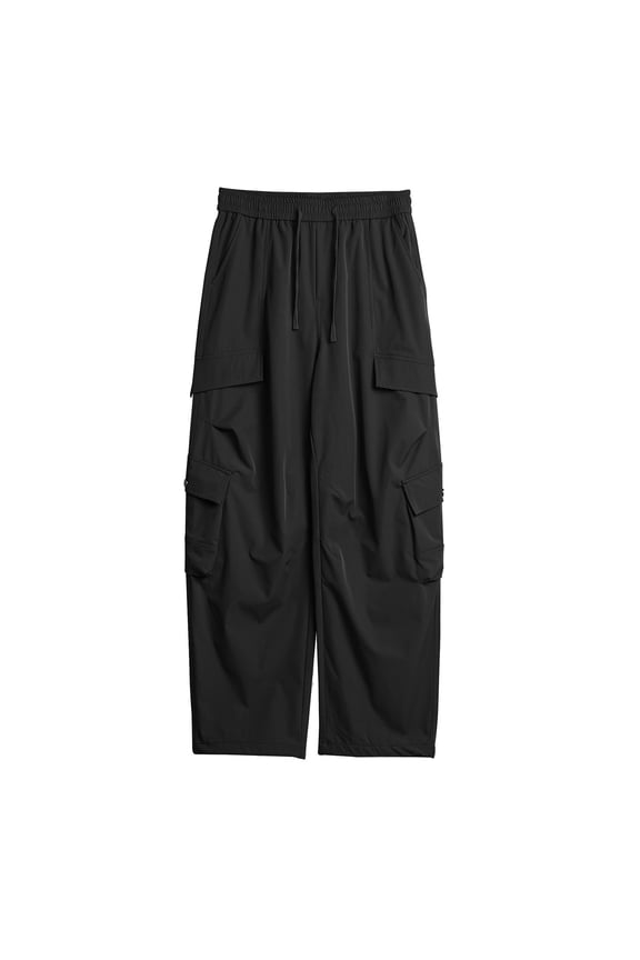 Mens's Baggy Nylon Cargo Pants Casual Drawstring Elastic Waist Parachute Pants Loose Fit Straight Fit Hip Hop Lightweight Water Resistant Pants with Pockets Black