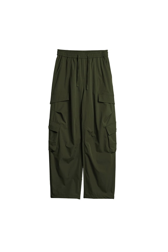 Mens's Baggy Nylon Cargo Pants Casual Drawstring Elastic Waist Parachute Pants Loose Fit Straight Fit Hip Hop Lightweight Water Resistant Pants with Pockets Army Green