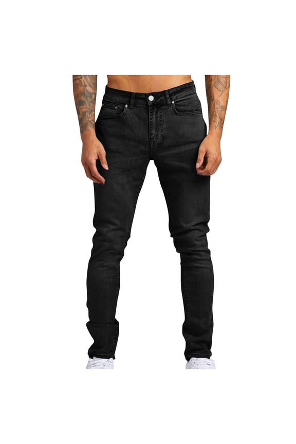 Mens solid color Elastic pocket Waist Jeans self-cultivation Fit Stretch Denim Pants Straight Leg Jean Black