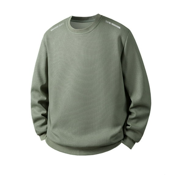 FRSASU Mens solid color waffle Long Sleeved Round Neck Pullover Casual and Comfortable Green