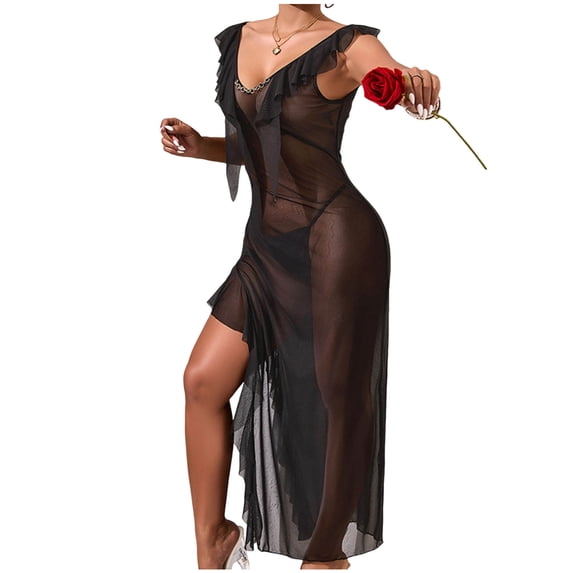 FRSASU Mesh Nightgown for Women Nightwear Sleeveless Backless See Through Chemise Ruffle Irregular V-Neck Sleep Dress Black