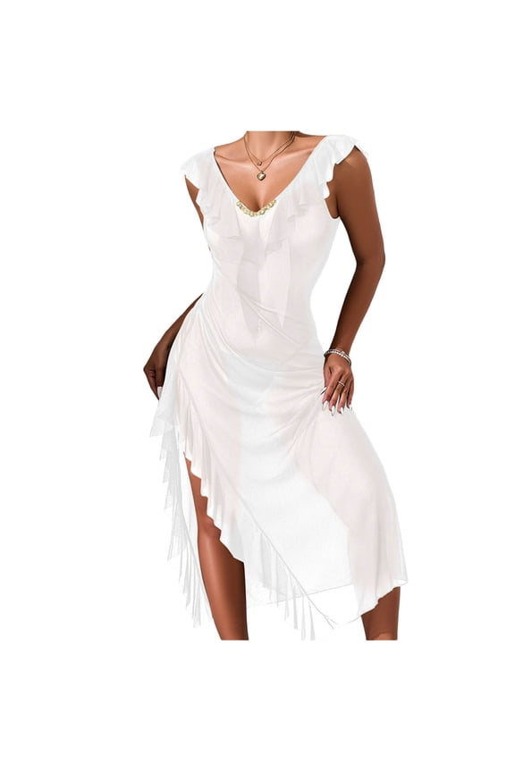 Mesh Nightgown for Women Nightwear Sleeveless Backless See Through Chemise Ruffle Irregular V-Neck Sleep Dress White