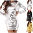 thumbnail image 1 of FRSASU Metallic Bodycon Dress for Women Stretchy Long Sleeve Crew Neck Shiny formal Dresses for Party Club White, 1 of 7