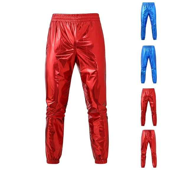 FRSASU Metallic Shiny Disco Pants for Men, 70s/80s Party Rave Pants, Vintage Stage Performance Cosplay Elastic Waist Straight Leg Trousers with Pocket Red