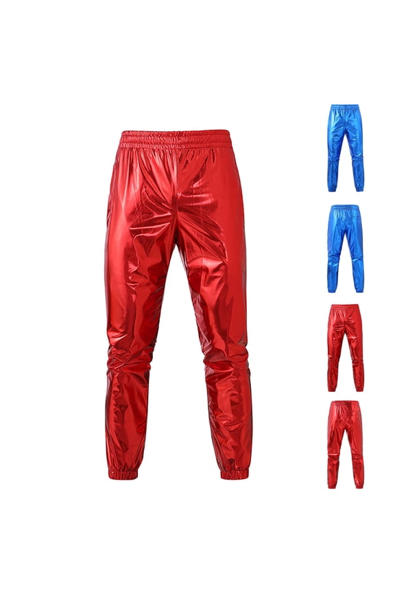 Metallic Shiny Disco Pants for Men, 70s/80s Party Rave Pants, Vintage Stage Performance Cosplay Elastic Waist Straight Leg Trousers with Pocket Red