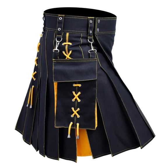 FRSASU Modern Two-Tone Utility Kilt for Men | Work & Fashion Kilt with Detachable Pockets & X-Lace Design Traditional Highland Tartan Utility Kilt Scottish Mens Kilt Yellow