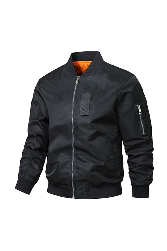 Multi Pockets Jacket Men Twill Loose Casual Bomber Jacket Stand Collar Zipper Long Sleeved Jacket Black