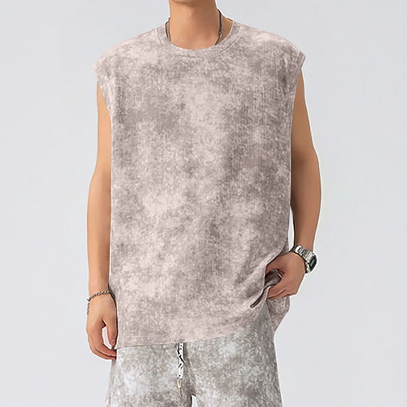 FRSASU Muscle Gym Tank Top for Men Casual Sleeveless Running Streetwear Loose Oversized Summer Beach Tees Beige