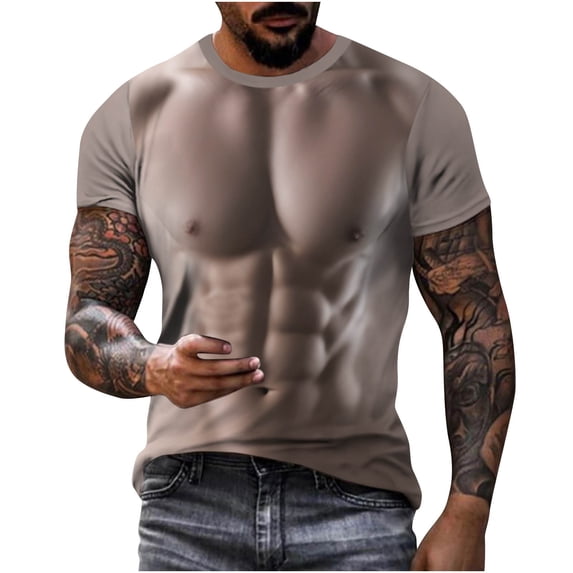 FRSASU Muscle Tee Shirts for Men Funny T-Shirt with Abdominal Muscle 3D Printed Graphics Khaki