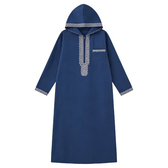 FRSASU Muslim Men's Robes Loose Embroidered Robes Arabic Thobe Ethnic Style Traditional Casual Thawb Islamic Prayer Clothes Blue