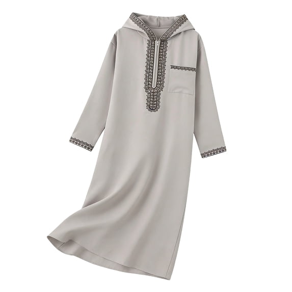 FRSASU Muslim Men's Robes Loose Embroidered Robes Arabic Thobe Ethnic Style Traditional Casual Thawb Islamic Prayer Clothes Gray