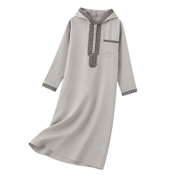 FRSASU Muslim Men's Robes Loose Embroidered Robes Arabic Thobe Ethnic Style Traditional Casual Thawb Islamic Prayer Clothes Gray