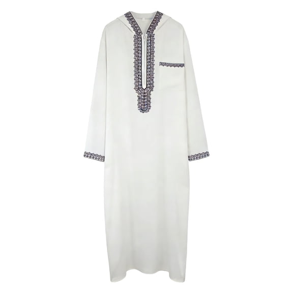 FRSASU Muslim Men's Robes Loose Embroidered Robes Arabic Thobe Ethnic Style Traditional Casual Thawb Islamic Prayer Clothes White