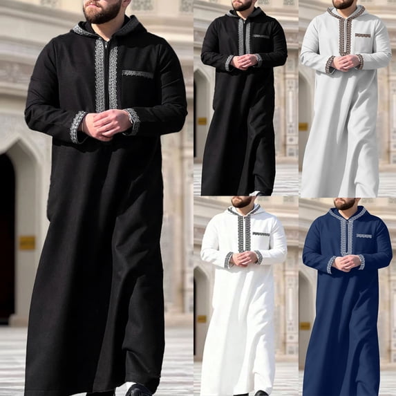 FRSASU Muslim Men's Robes Loose Embroidered Robes Arabic Thobe Ethnic Style Traditional Casual Thawb Islamic Prayer Clothes White