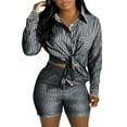 thumbnail image 1 of FRSASU New Women's 2 Piece Striped Outfits Long Sleeve Button Down Shirt and Shorts Set Lounge Matching Sets Summer Thin Sets Black M(M), 1 of 9