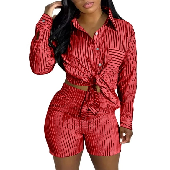 FRSASU New Women's 2 Piece Striped Outfits Long Sleeve Button Down Shirt and Shorts Set Lounge Matching Sets Summer Thin Sets Red M(M)