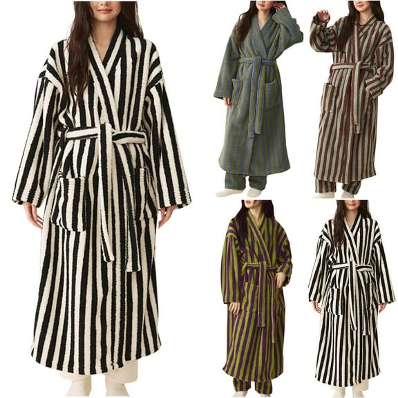 FRSASU Nightgowns for Women Long Sleeve Striped Coral Fleece Extended Bathrobe Home Wear with Pocket Purple