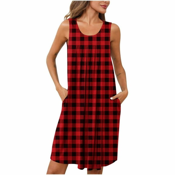 FRSASU Nightgowns for Women Plaid Printed Sleeveless Round Neck Nightdress Ladies Sleepwear with Pocket Red