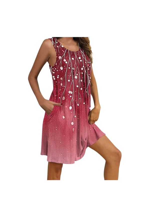 Nightgowns for Women Retro Printed Sleeveless Round Neck Nightdress Ladies Sleepwear with Pocket Red