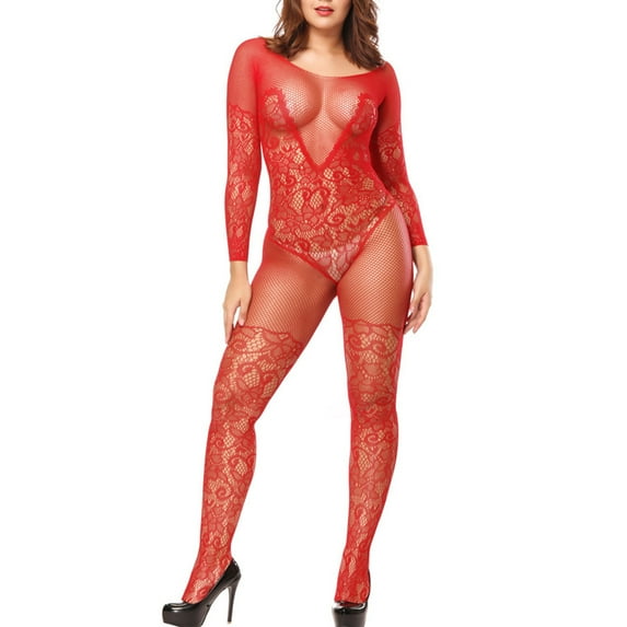 FRSASU Nightwear Set for Women ,Women'S Solid Color Mesh Cloth Transparent Hollow Socks and Nightwear Set Red Free Size