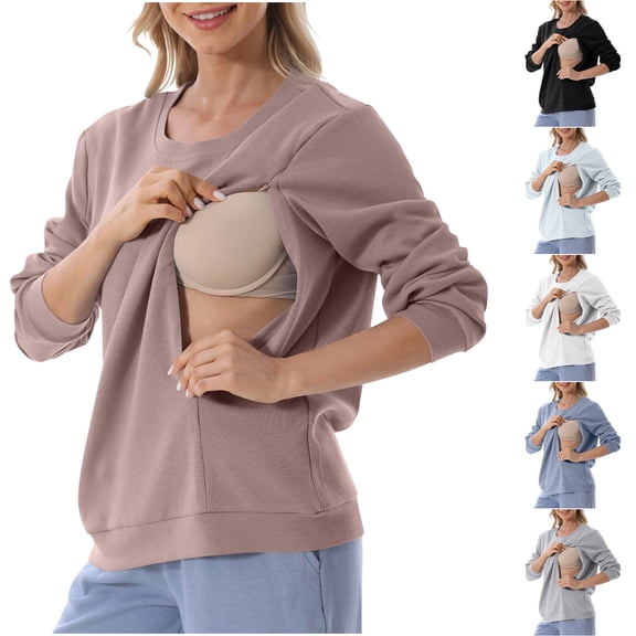 FRSASU Nursing Sweatshirt Long Sleeve Round Neck Breastfeeding Shirts Zipper Maternity Pumping Tops Pregnancy Cotton Pullover White
