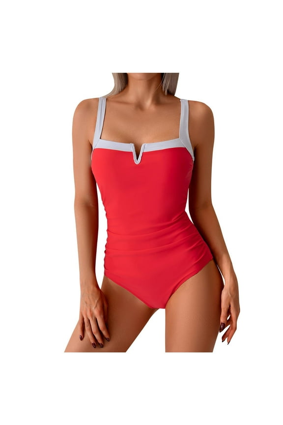 One Piece Swimsuit Women Wide Shoulder Strap Small V Neck Design Color Block Bathing Suits Athletic Modest Swimwear Red