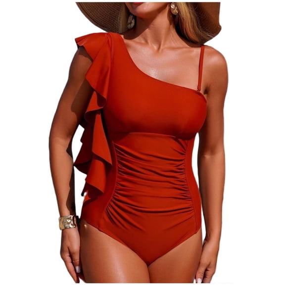 FRSASU One Shoulder One Piece Swimsuits for Women Tummy Control Bathing Suits Modest Full Coverage Slimming Red