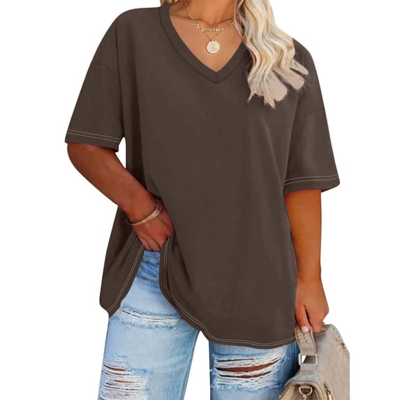FRSASU Oversized Tshirts for Women V Neck Short Sleeve Summer Casual Basic Loose Tops solid color summer base T-shirt Brown
