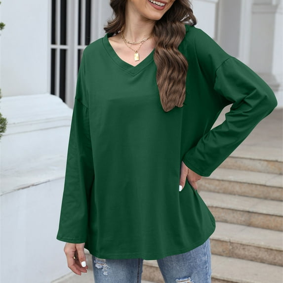 FRSASU Oversized Tshirts for Women Workout Plus Size Gym Tops V Neck Long Sleeve T Shirts Spring Casual Basic Tees Green