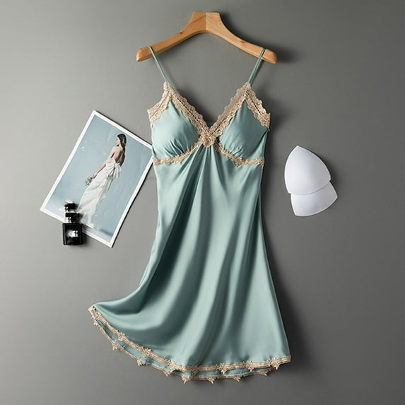 FRSASU Pajama Dress for Women Clearance,Women Satin Sling Skirt Dress Lingerie Home Wear Pajamas Nightdress Green 6(M)