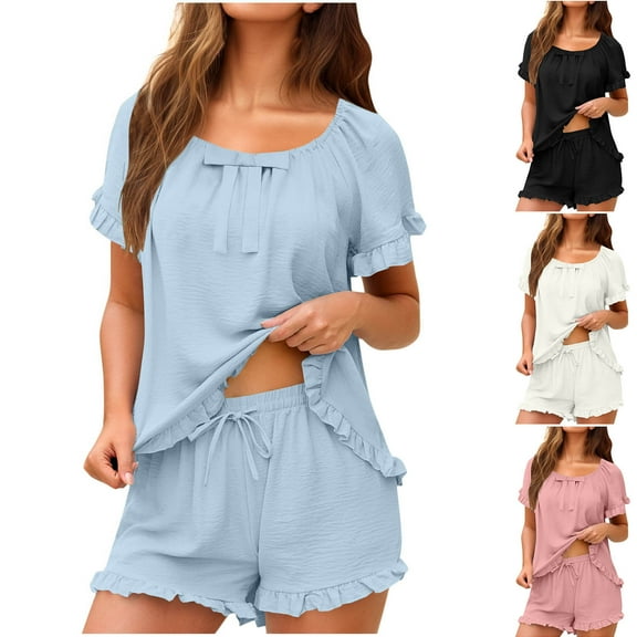 FRSASU Pajama Set for Women 2 Piece Solid Lounge Set Short Sleeve Tops and Shorts Soft Home Wear Sleepwear White XL(XL)
