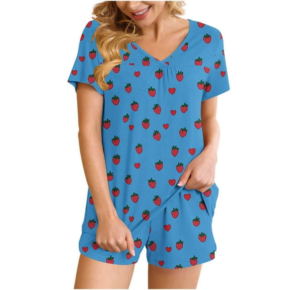 FRSASU Pajama Strawberry Print Set for Women 2 Piece Lounge Set Short Sleeve V Neck Tops and Shorts Soft Sleepwear with Pocke Light Blue XXL(XXL)