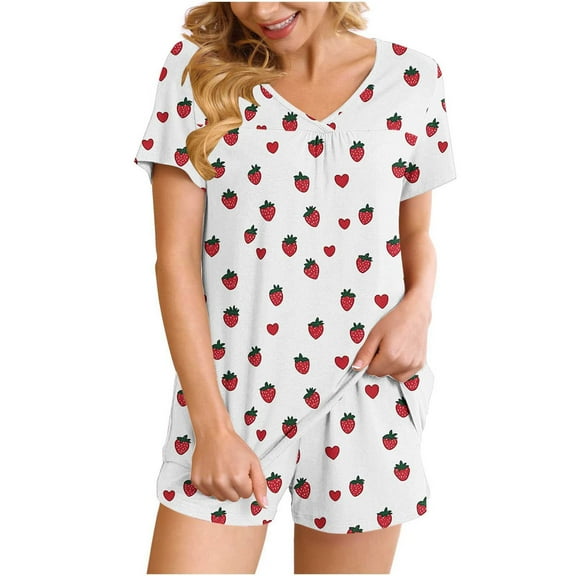 FRSASU Pajama Strawberry Print Set for Women 2 Piece Lounge Set Short Sleeve V Neck Tops and Shorts Soft Sleepwear with Pocke White M(M)