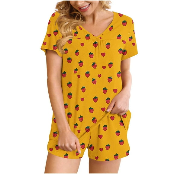 FRSASU Pajama Strawberry Print Set for Women 2 Piece Lounge Set Short Sleeve V Neck Tops and Shorts Soft Sleepwear with Pocke Yellow M(M)
