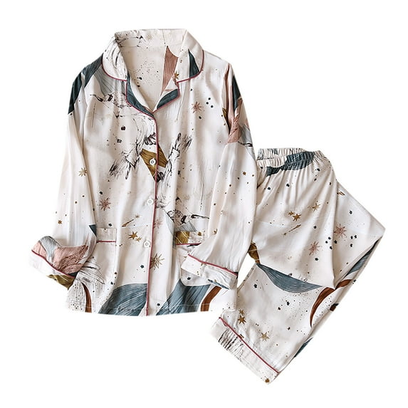 FRSASU Pajamas 2 Pieces Women's Pajamas Sets Cotton Pyjama Women's Pajamas Sleepwear Sets Spring Summer Homewear Beige M(M)